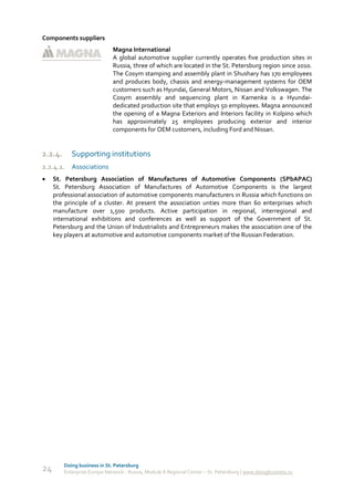 Components suppliers
                              Magna International
                              A global automotive supplier currently operates five production sites in
                              Russia, three of which are located in the St. Petersburg region since 2010.
                              The Cosym stamping and assembly plant in Shushary has 170 employees
                              and produces body, chassis and energy-management systems for OEM
                              customers such as Hyundai, General Motors, Nissan and Volkswagen. The
                              Cosym assembly and sequencing plant in Kamenka is a Hyundai-
                              dedicated production site that employs 50 employees. Magna announced
                              the opening of a Magna Exteriors and Interiors facility in Kolpino which
                              has approximately 25 employees producing exterior and interior
                              components for OEM customers, including Ford and Nissan.


2.2.4.      Supporting institutions
2.2.4.1. Associations
    St. Petersburg Association of Manufactures of Automotive Components (SPbAPAC)
     St. Petersburg Association of Manufactures of Automotive Components is the largest
     professional association of automotive components manufacturers in Russia which functions on
     the principle of a cluster. At present the association unties more than 60 enterprises which
     manufacture over 1,500 products. Active participation in regional, interregional and
     international exhibitions and conferences as well as support of the Government of St.
     Petersburg and the Union of Industrialists and Entrepreneurs makes the association one of the
     key players at automotive and automotive components market of the Russian Federation.




         Doing business in St. Petersburg
24       Enterprise Europe Network - Russia, Module A Regional Center – St. Petersburg | www.doingbusiness.ru
 