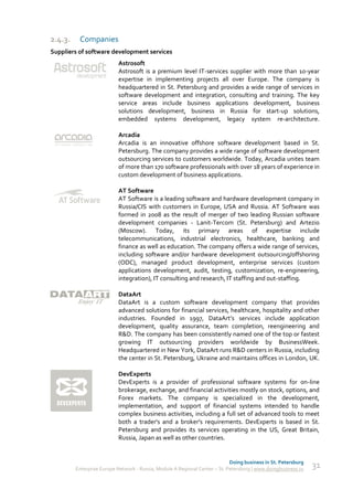 2.4.3.    Companies
Suppliers of software development services
                           Astrosoft
                           Astrosoft is a premium level IT-services supplier with more than 10-year
                           expertise in implementing projects all over Europe. The company is
                           headquartered in St. Petersburg and provides a wide range of services in
                           software development and integration, consulting and training. The key
                           service areas include business applications development, business
                           solutions development, business in Russia for start-up solutions,
                           embedded systems development, legacy system re-architecture.

                           Arcadia
                           Arcadia is an innovative offshore software development based in St.
                           Petersburg. The company provides a wide range of software development
                           outsourcing services to customers worldwide. Today, Arcadia unites team
                           of more than 170 software professionals with over 18 years of experience in
                           custom development of business applications.

                           AT Software
                           AT Software is a leading software and hardware development company in
                           Russia/CIS with customers in Europe, USA and Russia. AT Software was
                           formed in 2008 as the result of merger of two leading Russian software
                           development companies - Lanit-Tercom (St. Petersburg) and Artezio
                           (Moscow). Today, its primary areas of expertise include
                           telecommunications, industrial electronics, healthcare, banking and
                           finance as well as education. The company offers a wide range of services,
                           including software and/or hardware development outsourcing/offshoring
                           (ODC), managed product development, enterprise services (custom
                           applications development, audit, testing, customization, re-engineering,
                           integration), IT consulting and research, IT staffing and out-staffing.

                           DataArt
                           DataArt is a custom software development company that provides
                           advanced solutions for financial services, healthcare, hospitality and other
                           industries. Founded in 1997, DataArt’s services include application
                           development, quality assurance, team completion, reengineering and
                           R&D. The company has been consistently named one of the top or fastest
                           growing IT outsourcing providers worldwide by BusinessWeek.
                           Headquartered in New York, DataArt runs R&D centers in Russia, including
                           the center in St. Petersburg, Ukraine and maintains offices in London, UK.

                           DevExperts
                           DevExperts is a provider of professional software systems for on-line
                           brokerage, exchange, and financial activities mostly on stock, options, and
                           Forex markets. The company is specialized in the development,
                           implementation, and support of financial systems intended to handle
                           complex business activities, including a full set of advanced tools to meet
                           both a trader's and a broker's requirements. DevExperts is based in St.
                           Petersburg and provides its services operating in the US, Great Britain,
                           Russia, Japan as well as other countries.


                                                                             Doing business in St. Petersburg
         Enterprise Europe Network - Russia, Module A Regional Center – St. Petersburg | www.doingbusiness.ru   31
 