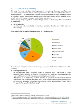 2.7.2.4. Large Port of St. Petersburg
The Large Port of St. Petersburg is the largest port in the Northwest Russia and one of the most
important components of St. Petersburg’s transport complex. The water area of the port constitutes
approximately 164.6 square kilometers. The port has 200 berths with the length of berthing line of
31 kilometers. Most of the berths are capable to process different kinds of cargoes as well as accept
vessels with a draft of up 11 meters and length of up to 320 meters.
28 stevedoring companies perform cargo handling operations on the territory of the Large Port of
St. Petersburg.16
    Cargo operations
     Cargo turnover of the Large Port of St. Petersburg constituted 58 million tons which is 15% more
     than in 2009.17

Structure of cargo turnover in the Large Port of St. Petersburg, 2010




                       4%
                                                                                        Containers
                  4%                9%
                                                                                        Oil products
             5%

                                                    33%                                 Mineral fertilizers

                                                                                        Ferrous metals
                        8%
                                                                                        Refrigerated cargoes

                          11%                                                           Coal, coke
                                          28%
                                                                                        General cargoes

                                                                                        Other



Source: Transport and logistics complex of St. Petersburg in 2010, Union of Industrialists and Entrepreneurs of St.
Petersburg

    Passenger operations
     Recent years have seen a significant growth in passenger traffic. The number of cruise
     passengers has increased by 38.5%, while the number of ferry passengers has increased 4 times
     since 2008. Passenger traffic in 2010 constituted 604 thousand people.
     The opening of St. Petersburg – Helsinki ferry line in April 2010 as well as introduction of
     amendments into the Russian legislation, which allows foreign tourists travelling by ferry to be
     present on the territory of the Russian Federation visa free for 72 hours, played a major role in
     the growth of ferry traffic in St. Petersburg.18




16
   Administration of the Sea Port “Large Port of St. Petersburg” official website
17
   Transport and logistics complex of St. Petersburg in 2010, Union of Industrialists and Entrepreneurs of St. Petersburg
18
   Transport and logistics complex of St. Petersburg in 2010, Union of Industrialists and Entrepreneurs of St. Petersburg

                                                                               Doing business in St. Petersburg
           Enterprise Europe Network - Russia, Module A Regional Center – St. Petersburg | www.doingbusiness.ru         49
 