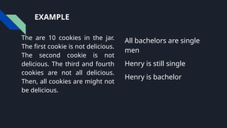 EXAMPLE
The are 10 cookies in the jar.
The first cookie is not delicious.
The second cookie is not
delicious. The third and fourth
cookies are not all delicious.
Then, all cookies are might not
be delicious.
All bachelors are single
men
Henry is still single
Henry is bachelor
 