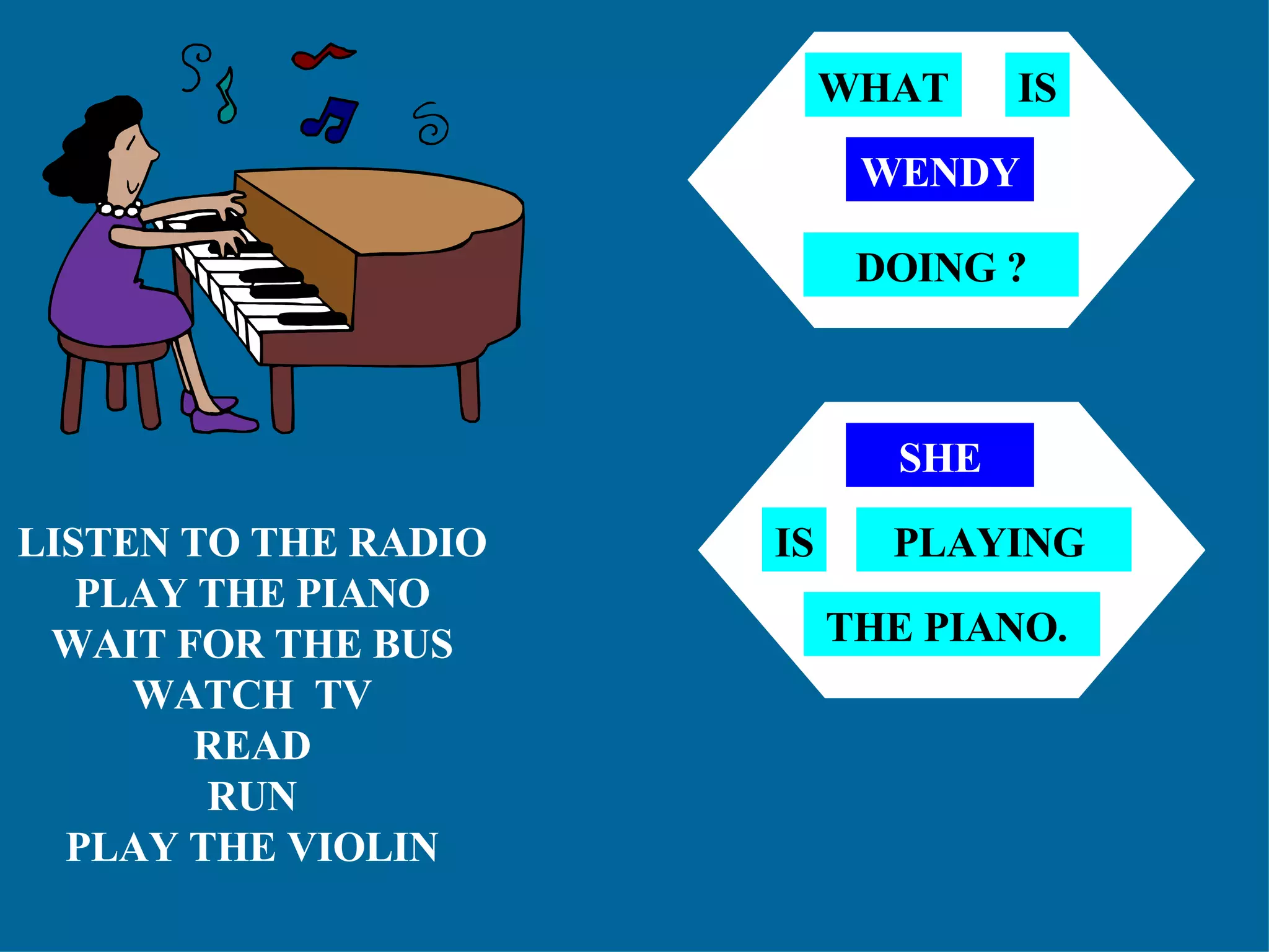 LISTEN TO THE RADIO PLAY THE PIANO WAIT FOR THE BUS WATCH  TV READ RUN PLAY THE VIOLIN WENDY WHAT IS DOING ? SHE IS PLAYING  THE PIANO.  
