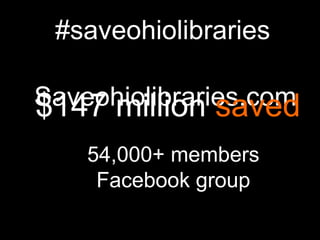[object Object],Saveohiolibraries.com $147 million  saved 54,000+ members Facebook group 