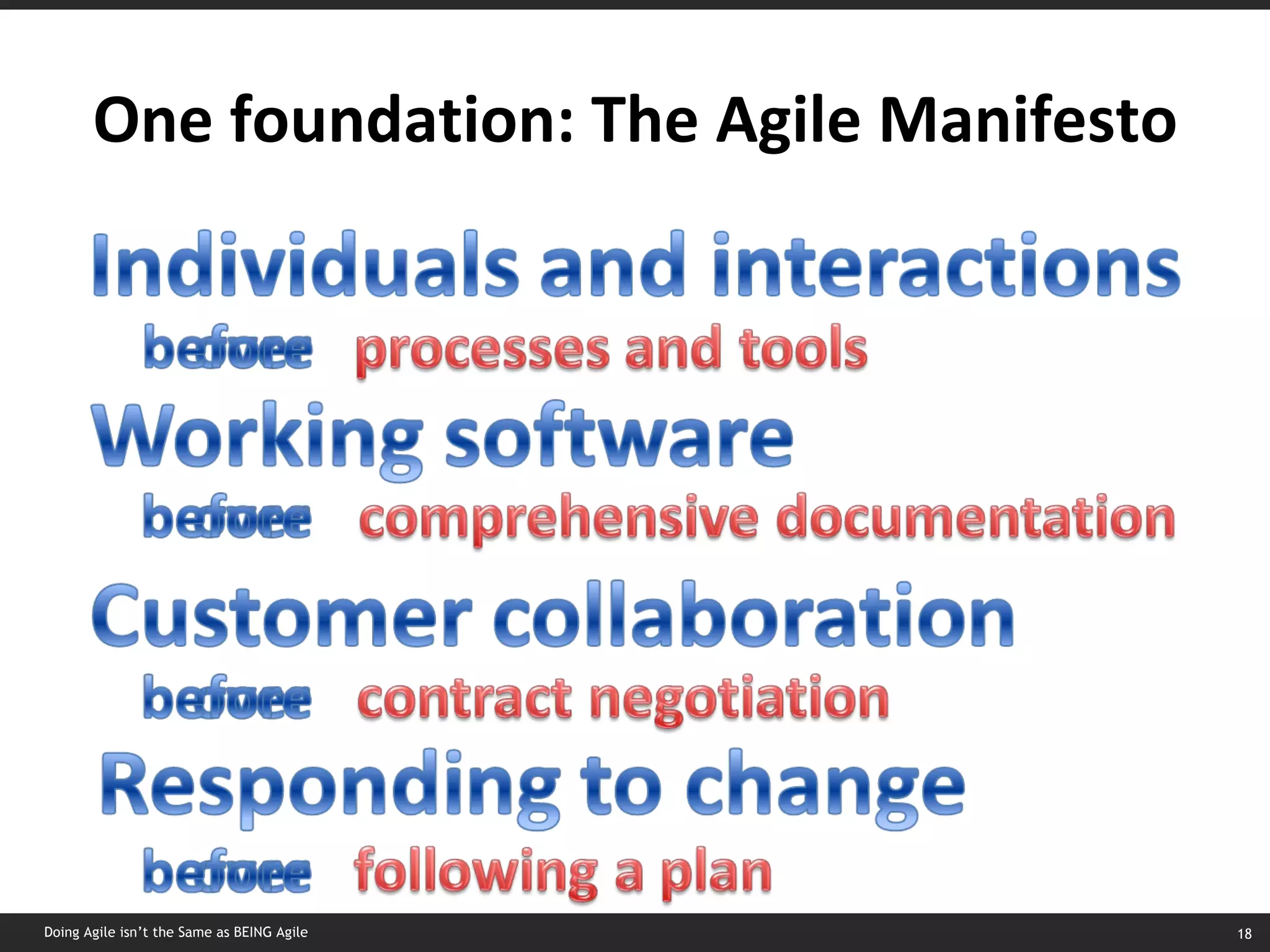 One foundation: The Agile Manifesto Doing Agile isn’t the Same as BEING Agile 