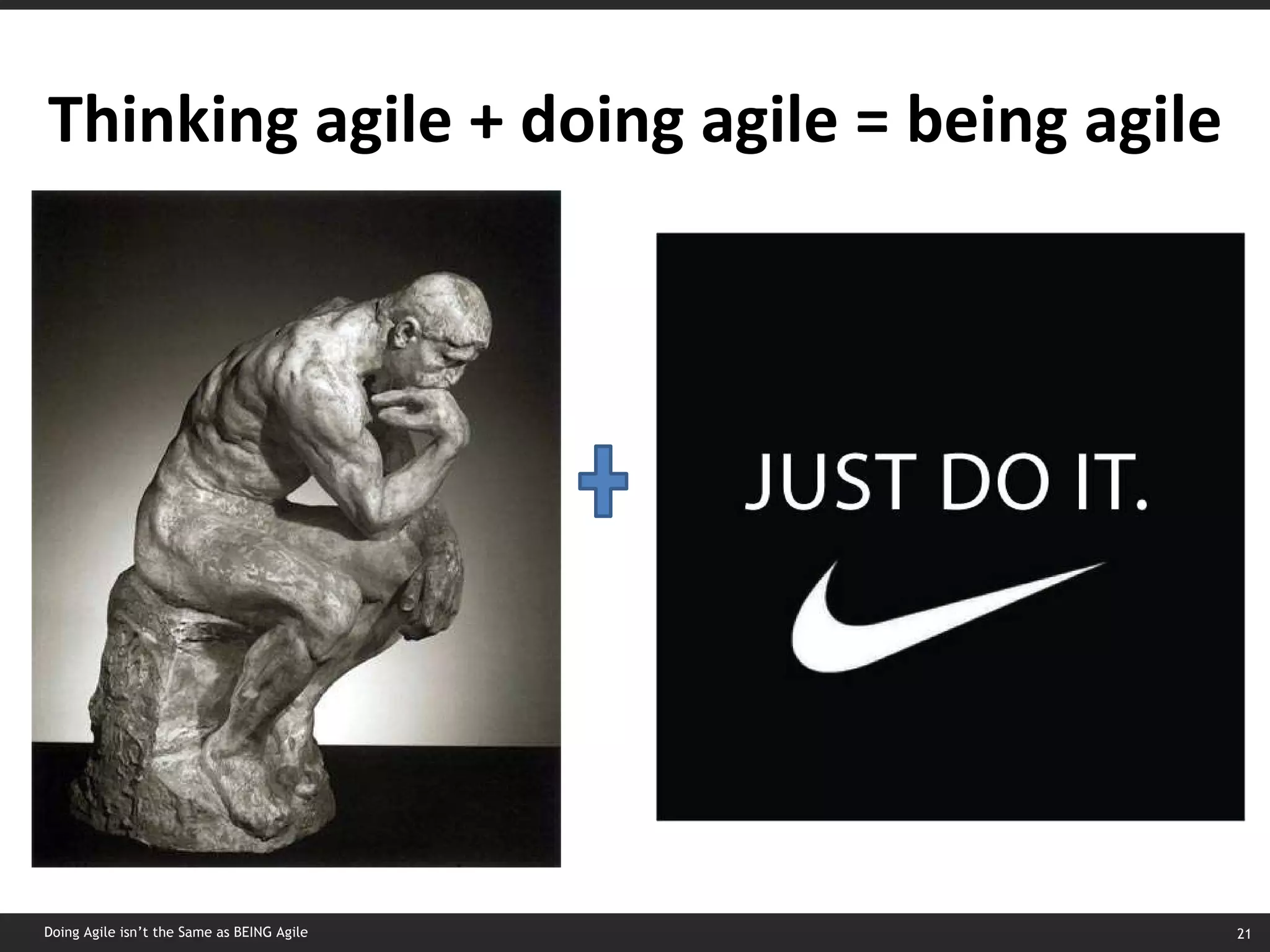 Thinking agile + doing agile = being agile Doing Agile isn’t the Same as BEING Agile 