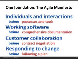One foundation: The Agile Manifesto Doing Agile isn’t the Same as BEING Agile 