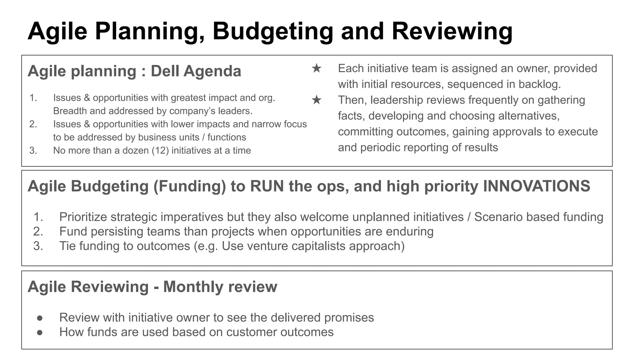Agile Planning, Budgeting and Reviewing
1. Issues & opportunities with greatest impact and org.
Breadth and addressed by company’s leaders.
2. Issues & opportunities with lower impacts and narrow focus
to be addressed by business units / functions
3. No more than a dozen (12) initiatives at a time
Agile planning : Dell Agenda
Agile Budgeting (Funding) to RUN the ops, and high priority INNOVATIONS
1. Prioritize strategic imperatives but they also welcome unplanned initiatives / Scenario based funding
2. Fund persisting teams than projects when opportunities are enduring
3. Tie funding to outcomes (e.g. Use venture capitalists approach)
Agile Reviewing - Monthly review
● Review with initiative owner to see the delivered promises
● How funds are used based on customer outcomes
★ Each initiative team is assigned an owner, provided
with initial resources, sequenced in backlog.
★ Then, leadership reviews frequently on gathering
facts, developing and choosing alternatives,
committing outcomes, gaining approvals to execute
and periodic reporting of results
 