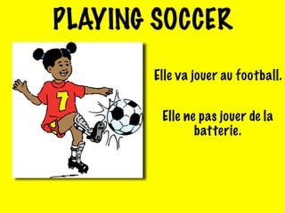 PLAYING SOCCER
Elle va jouer au football.
Elle ne pas jouer de la
batterie.