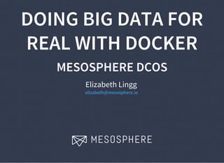 DOING BIG DATA FOR
REAL WITH DOCKER
MESOSPHERE DCOS
Elizabeth Lingg
elizabeth@mesosphere.io
 