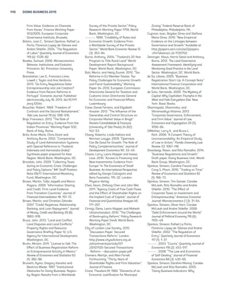 110 DOING BUSINESS 2015 
Firm Value: Evidence on Channels 
from Korea.” Finance Working Paper 
103/2005, European Corporate 
Governance Institute, Brussels. 
Botero, Juan C., Simeon Djankov, Rafael La 
Porta, Florencio Lopez-de-Silanes and 
Andrei Shleifer. 2004. “The Regulation 
of Labor.” Quarterly Journal of Economics 
119 (4): 1339–82. 
Bowles, Samuel. 2006. Microeconomics: 
Behavior, Institutions, and Evolution. 
Princeton, NJ: Princeton University 
Press. 
Branstetter, Lee G., Francisco Lima, 
Lowell J. Taylor and Ana Venâncio. 
2013. “Do Entry Regulations Deter 
Entrepreneurship and Job Creation? 
Evidence from Recent Reforms in 
Portugal.” Economic Journal. Published 
electronically July 16, 2013. doi:10.1111 
/ecoj.12044. 
Braucher, Robert. 1969. “Freedom of 
Contract and the Second Restatement.” 
Yale Law Journal 78 (4): 598–616. 
Bripi, Francesco. 2013. “The Role of 
Regulation on Entry: Evidence from the 
Italian Provinces.” Working Paper 932, 
Bank of Italy, Rome. 
Brits, Anne-Marie, Chris Grant and 
Anthony Burns. 2002. “Comparative 
Study of Land Administration Systems 
with Special Reference to Thailand, 
Indonesia and Karnataka (India).” 
Synthesis paper prepared for Asia 
Region, World Bank, Washington, DC. 
Brondolo, John. 2009. “Collecting Taxes 
during an Economic Crisis: Challenges 
and Policy Options.” IMF Staff Position 
Note 09/17, International Monetary 
Fund, Washington, DC. 
Brown, Martin, Tullio Jappelli and Marco 
Pagano. 2009. “Information Sharing 
and Credit: Firm-Level Evidence 
from Transition Countries.” Journal of 
Financial Intermediation 18: 151–72. 
Brown, Martin, and Christian Zehnder. 
2007. “Credit Registries, Relationship 
Banking, and Loan Repayment.” Journal 
of Money, Credit and Banking 39 (8): 
1883–918. 
Bruce, John. 2013. “Land and Conflict: 
Land Disputes and Land Conflicts.” 
Property Rights and Resource 
Governance Briefing Paper 12, U.S. 
Agency for International Development, 
Washington, DC. 
Bruhn, Miriam. 2011. “License to Sell: The 
Effect of Business Registration Reform 
on Entrepreneurial Activity in Mexico.” 
Review of Economics and Statistics 93 
(1): 382–86. 
Brunetti, Aymo, Gregory Kisunko and 
Beatrice Weder. 1997. “Institutional 
Obstacles for Doing Business: Region-by- 
Region Results from a Worldwide 
Survey of the Private Sector.” Policy 
Research Working Paper 1759, World 
Bank, Washington, DC. 
. 1998. “Credibility of Rules and 
Economic Growth: Evidence from 
a Worldwide Survey of the Private 
Sector.” World Bank Economic Review 12 
(3): 353–84. 
Burns, Anthony. 2004. “Thailand’s 20 Year 
Program to Title Rural Land.” World 
Development Report Background 
Paper, World Bank, Washington, DC. 
Buti, Marco, and Heinz Zourek. 2012. “Tax 
Reforms in EU Member States: Tax 
Policy Challenges for Economic Growth 
and Fiscal Sustainability.” Working 
Paper 34–2012, European Commission 
Directorate General for Taxation and 
Customs Union Directorate General 
for Economic and Financial Affairs, 
Luxembourg. 
Caixe, Daniel Ferreira, and Elizabeth 
Krauter. 2013. “The Influence of the 
Ownership and Control Structure on 
Corporate Market Value in Brazil.” 
Revista Contabilidade  Finanças 
(University of São Paulo) 24 (62): 
142–53. 
Chang, Roberto, Linda Kaltani and 
Norman Loayza. 2009. “Openness 
Can Be Good for Growth: The Role of 
Policy Complementarities.” Journal of 
Development Economics 90: 33–49. 
Chavis, Larry, Leora Klapper and Inessa 
Love. 2010. “Access to Financing and 
New Investments: Evidence from 
Europe.” In The Economics of Small 
Business: An International Perspective, 
edited by Giorgio Calcagnini and 
Ilario Favaretto, 115–32. London: 
Physica-Verlag. 
Chen, Kevin, Zhihong Chen and John Wei. 
2011. “Agency Costs of Free Cash Flows 
and the Effect of Shareholder Rights on 
the Implied Cost of Capital.” Journal of 
Financial and Quantitative Analysis 46: 
171–207. 
Cirmizi, Elena, Leora Klapper and Mahesh 
Uttamchandani. 2010. “The Challenges 
of Bankruptcy Reform.” Policy Research 
Working Paper 5448, World Bank, 
Washington, DC. 
City of London Law Society. 2012. 
“Discussion Paper: Secured 
Transactions Reform.” London. 
http://www.citysolicitors.org.uk 
/attachments/article/121 
/20121120-Secured-Transactions 
-Reform---discussion-paper.pdf. 
Cremers, Martijn, and Allen Ferrell. 
Forthcoming. “Thirty Years of 
Shareholder Rights and Firm Valuation.” 
Journal of Finance. 
Crone, Theodore M. 1982. “Elements of an 
Economic Justification for Municipal 
Zoning.” Federal Reserve Bank of 
Philadelphia, Philadelphia, PA. 
Cuzman, Ioan, Bogdan Dima and Stefana 
Maria Dima. 2010. “New Empirical 
Evidence on the Linkages between 
Governance and Growth.” Available at 
http://papers.ssrn.com/sol3/papers 
.cfm?abstract_id=1720702. 
Deininger, Klaus, Harris Selod and Anthony 
Burns. 2012. The Land Governance 
Assessment Framework: Identifying and 
Monitoring Good Practice in the Land 
Sector. Washington, DC: World Bank. 
de Sa, Liliana. 2005. “Business 
Registration Start-Up: A Concept Note.” 
International Finance Corporation and 
World Bank, Washington, DC. 
de Soto, Hernando. 2000. The Mystery of 
Capital: Why Capitalism Triumphs in the 
West and Fails Everywhere Else. New 
York: Basic Books. 
Dharmapala, Dhammika, and 
Vikramaditya Khanna. 2013. 
“Corporate Governance, Enforcement, 
and Firm Value.” Journal of Law, 
Economics and Organization 29 (5): 
1056–84. 
DiMatteo, Larry A., and Bruce L. 
Rich. 2006. “A Consent Theory of 
Unconscionability: An Empirical Study 
of Law in Action.” Florida University Law 
Review 33: 1067–118. 
Divanbeigi, Raian, and Rita Ramalho. 2014. 
“Business Regulations and Growth.” 
Draft paper, Doing Business Unit, World 
Bank Group, Washington, DC. 
Djankov, Simeon, Caroline Freund and 
Cong S. Pham. 2010. “Trading on Time.” 
Review of Economics and Statistics 92 
(1): 166–73. 
Djankov, Simeon, Tim Ganser, Caralee 
McLiesh, Rita Ramalho and Andrei 
Shleifer. 2010. “The Effect of 
Corporate Taxes on Investment and 
Entrepreneurship.” American Economic 
Journal: Macroeconomics 2 (3): 31–64. 
Djankov, Simeon, Oliver Hart, Caralee 
McLiesh and Andrei Shleifer. 2008. 
“Debt Enforcement around the World.” 
Journal of Political Economy 116 (6): 
1105–49. 
Djankov, Simeon, Rafael La Porta, 
Florencio Lopez-de-Silanes and Andrei 
Shleifer. 2002. “The Regulation of 
Entry.” Quarterly Journal of Economics 
117 (1): 1–37. 
. 2003. “Courts.” Quarterly Journal of 
Economics 118 (2): 453–517. 
. 2008. “The Law and Economics 
of Self-Dealing.” Journal of Financial 
Economics 88 (3): 430–65. 
Djankov, Simeon, Darshini Manraj, Caralee 
McLiesh and Rita Ramalho. 2005. 
“Doing Business Indicators: Why 
 