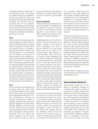 DATA NOTES 123 
is llowd to submit n ppliction). If 
th compn cn, but is not rquird 
to, rqust th srvics of profssion- 
ls (such s  privt firm rthr thn 
th utilit for th xtrnl works), ths 
procdurs r rcordd if th r 
commonl don. For ll procdurs, 
onl th most likl css (for xmpl, 
mor thn 50% of th tim th utilit 
hs th mtril) nd thos followd in 
prctic for connctin  wrhous to 
lctricit r countd. 
Time 
Tim is rcordd in clndr ds. Th 
msur cpturs th mdin durtion 
tht th lctricit utilit nd xprts 
indict is ncssr in prctic, rthr 
thn rquird b lw, to complt  
procdur with minimum follow-up nd 
no xtr pmnts. It is lso ssumd 
tht th minimum tim rquird for 
ch procdur is 1 d. Althouh pro-c 
durs m tk plc simultnousl, 
th cnnot strt on th sm d 
(tht is, simultnous procdurs strt 
on conscutiv ds). It is ssumd tht 
th compn dos not wst tim nd 
commits to compltin ch rminin 
procdur without dl. Th tim tht 
th compn spnds on thrin in-form 
tion is not tkn into ccount. It is 
ssumd tht th compn is wr of 
ll lctricit connction rquirmnts 
nd thir squnc from th binnin. 
Cost 
Cost is rcordd s  prcnt of th 
conom’s incom pr cpit. Costs 
r rcordd xclusiv of vlu ddd 
tx. All th fs nd costs ssocitd 
with compltin th procdurs to con-n 
ct  wrhous to lctricit r 
rcordd, includin thos rltd to 
obtinin clrncs from ovrnmnt 
ncis, pplin for th connction, 
rcivin inspctions of both th sit 
nd th intrnl wirin, purchsin 
mtril, ttin th ctul connction 
works nd pin  scurit dposit. 
Informtion from locl xprts nd 
spcific rultions nd f schd-ul 
s r usd s sourcs for costs. If 
svrl locl prtnrs provid diffrnt 
stimts, th mdin rportd vlu 
is usd. In ll css th cost xcluds 
bribs. 
Security deposit 
Utilitis rquir scurit dposits s  
urnt inst th possibl filur 
of customrs to p thir consump-tion 
bills. For this rson th scurit 
dposit for  nw customr is most 
oftn clcultd s  function of th 
customr’s stimtd consumption. 
Doin Businss dos not rcord th full 
mount of th scurit dposit. If th 
dposit is bsd on th customr’s 
ctul consumption, this bsis is 
th on ssumd in th cs stud. 
Rthr thn th full mount of th 
scurit dposit, Doin Businss r- 
cords th prsnt vlu of th losss 
in intrst rnins xprincd b 
th customr bcus th utilit holds 
th scurit dposit ovr  prolond 
priod, in most css until th nd of 
th contrct (ssumd to b ftr 5 
rs). In css whr th scurit d- 
posit is usd to covr th first monthl 
consumption bills, it is not rcordd. To 
clcult th prsnt vlu of th lost 
intrst rnins, th nd-2013 lndin 
rts from th Intrntionl Montr 
Fund’s Intrn
tion
l Fin
nci
l St
tistics 
r usd. In css whr th scurit 
dposit is rturnd with intrst, th 
diffrnc btwn th lndin rt 
nd th intrst pid b th utilit is 
usd to clcult th prsnt vlu. 
In som conomis th scurit dposit 
cn b put up in th form of  bond: 
th compn cn obtin from  bnk 
or n insurnc compn  urnt 
issud on th ssts it holds with tht 
finncil institution. In contrst to th 
scnrio in which th customr ps 
th dposit in csh to th utilit, in 
this scnrio th compn dos not 
los ownrship control ovr th full 
mount nd cn continu usin it. In 
rturn th compn will p th bnk 
 commission for obtinin th bond. 
Th commission chrd m vr 
dpndin on th crdit stndin of 
th compn. Th bst possibl crdit 
stndin nd thus th lowst possibl 
commission r ssumd. Whr  
bond cn b put up, th vlu rcordd 
for th dposit is th nnul commis-sion 
tims th 5 rs ssumd to b 
th lnth of th contrct. If both op-tions 
xist, th chpr ltrntiv is 
rcordd. 
In Hondurs in Jun 2014  customr r- 
qustin  140-kVA lctricit connc-tion 
would hv hd to put up  scurit 
dposit of 118,434 Hondurn lmpirs 
(L) in csh or chck, nd th dposit 
would hv bn rturnd onl t th 
nd of th contrct. Th customr could 
instd hv invstd this mon t th 
prvilin lndin rt of 20.08%. Ovr 
th 5 rs of th contrct this would 
impl  prsnt vlu of lost intrst 
rnins of L 70,998.58. In contrst, if 
th customr chos to sttl th dposit 
with  bnk urnt t n nnul rt 
of 2.5%, th mount lost ovr th 5 rs 
would b just L 14,804.30. 
Th d
t
 dt
ils on ttin lctricit 
c
n b found for 
ch conom 
t http:// 
www.doinbusinss.or. 
REGISTERING PROPERTY 
Doin Businss rcords th full s- 
qunc of procdurs ncssr for 
 businss (th bur) to purchs  
proprt from nothr businss (th 
sllr) nd to trnsfr th proprt titl 
to th bur’s nm so tht th bur 
cn us th proprt for xpndin its 
businss, us th proprt s colltrl 
in tkin nw lons or, if ncssr, 
sll th proprt to nothr businss. 
Th procss strts with obtinin th 
ncssr documnts, such s  cop 
of th sllr’s titl if ncssr, nd 
conductin du dilinc if rquird. 
Th trnsction is considrd complt 
whn it is opposbl to third pr-ti 
s nd whn th bur cn us th 
 