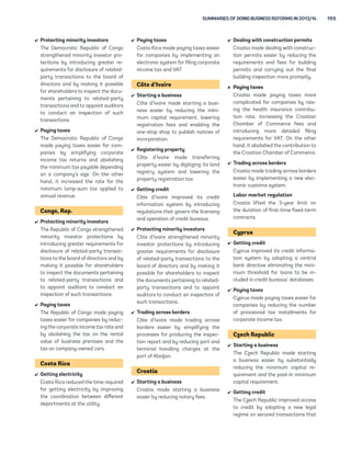 154 DOING BUSINESS 2015 
Cabo Verde 
 Getting credit 
Cabo Verde improved its credit infor-mation 
system by adopting a new 
law providing for the establishment 
of credit bureaus. 
Labor market regulation 
Cabo Verde introduced a minimum 
wage. 
Cameroon 
 Getting credit 
Cameroon improved its credit 
information system by passing 
regulations that provide for the 
establishment and operation of a 
credit registry database. 
 Protecting minority investors 
Cameroon strengthened minority 
investor protections by introducing 
greater requirements for disclosure 
of related-party transactions to the 
board of directors and by making it 
possible for shareholders to inspect 
the documents pertaining to related-party 
transactions and to appoint 
auditors to conduct an inspection of 
such transactions. 
Central African Republic 
 Protecting minority investors 
The Central African Republic 
strengthened minority investor pro-tections 
by introducing greater re-quirements 
for disclosure of related-party 
transactions to the board of 
directors and by making it possible 
for shareholders to inspect the docu-ments 
pertaining to related-party 
transactions and to appoint auditors 
to conduct an inspection of such 
transactions. 
 Trading across borders 
The Central African Republic made 
trading across borders more difficult 
by increasing border checks and 
security controls at the border post 
with Cameroon. 
Chad 
 Protecting minority investors 
Chad strengthened minority inves-tor 
protections by introducing 
greater requirements for disclosure 
of related-party transactions to the 
board of directors and by making it 
possible for shareholders to inspect 
the documents pertaining to related-party 
transactions and to appoint 
auditors to conduct an inspection of 
such transactions. 
China 
 Starting a business 
China made starting a business eas-ier 
by eliminating both the minimum 
capital requirement and the require-ment 
to obtain a capital verification 
report from an auditing firm. This 
reform applies to both Beijing and 
Shanghai. 
 Paying taxes 
China made paying taxes easier for 
companies by enhancing the elec-tronic 
system for filing and paying 
taxes and adopting new communi-cation 
channels within its taxpayer 
service, changes applying to both 
Beijing and Shanghai. In addition, 
China made paying taxes less costly 
for companies in Shanghai by reduc-ing 
the social security contribution 
rate. 
Colombia 
 Registering property 
Colombia made transferring prop-erty 
easier by eliminating the need 
for a provisional registration. 
 Getting credit 
Colombia improved access to credit 
by adopting a new secured transac-tions 
law that establishes a func-tional 
approach to secured transac-tions 
and a centralized, notice-based 
collateral registry. The law broadens 
the range of assets that can be 
used as collateral, allows a general 
description of assets granted as col-lateral, 
establishes clear priority rules 
inside bankruptcy for secured credi-tors, 
sets out grounds for relief from 
a stay of enforcement actions by 
secured creditors during reorganiza-tion 
procedures and allows out-of-court 
enforcement of collateral. 
 Paying taxes 
Colombia made paying taxes more 
complicated for companies by in-troducing 
a new profit tax (CREE), 
though it also reduced the corporate 
income tax rate and payroll taxes. 
Comoros 
 Protecting minority investors 
The Comoros strengthened minority 
investor protections by introducing 
greater requirements for disclosure 
of related-party transactions to the 
board of directors and by making it 
possible for shareholders to inspect 
the documents pertaining to related-party 
transactions and to appoint 
auditors to conduct an inspection of 
such transactions. 
Congo, Dem. Rep. 
 Starting a business 
The Democratic Republic of Congo 
made starting a business easier by 
creating a one-stop shop. 
 Dealing with construction permits 
The Democratic Republic of Congo 
made dealing with construction 
permits more costly by increasing 
the building permit fee. 
 Getting electricity 
In the Democratic Republic of Congo 
the utility in Kinshasa made getting 
electricity easier by reducing the 
number of approvals required for 
new connections and reducing the 
burden of the security deposit. 
 Getting credit 
The Democratic Republic of Congo 
improved access to credit informa-tion 
by establishing a credit registry. 
 
