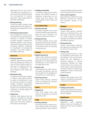 SUMMARIES OF DOING BUSINESS REFORMS IN 2013/14 157 
and introduced a notice period for 
redundancy dismissals. 
Germany 
 Starting a business 
Germany made starting a business 
more difficult by increasing notary 
fees. 
 Registering property 
Germany made transferring prop-erty 
more costly by increasing the 
property transfer tax rate. 
Ghana 
 Dealing with construction permits 
Ghana made dealing with construc-tion 
permits less time-consuming by 
streamlining the process to obtain a 
building permit. 
 Trading across borders 
Ghana made trading across borders 
easier by upgrading infrastructure at 
the port of Tema. 
Greece 
 Starting a business 
Greece made starting a business 
easier by lowering registration costs. 
 Registering property 
Greece made transferring prop-erty 
easier by reducing the property 
transfer tax rate and eliminating 
the requirement for a municipal tax 
clearance certificate. 
 Enforcing contracts 
Greece made enforcing contracts 
easier by introducing an electronic 
filing system for court users. 
Guatemala 
 Starting a business 
Guatemala made starting a business 
easier by eliminating certain registra-tion 
fees and reducing the time to 
publish a notice of incorporation. 
 Paying taxes 
Guatemala made paying taxes eas-ier 
and less costly for companies by 
enhancing the electronic system for 
filing and paying corporate income 
tax and VAT and by reducing the 
capital gains and corporate income 
tax rates. On the other hand, it also 
made paying taxes more compli-cated 
by introducing a new form for 
capital gains tax. 
Guinea 
 Registering property 
Guinea made registering property 
easier by reorganizing the records 
at the land registry and reducing the 
notary fees. 
 Protecting minority investors 
Guinea strengthened minority investor 
protections by introducing greater 
requirements for disclosure of 
related-party transactions to the 
board of directors and by making it 
possible for shareholders to inspect 
the documents pertaining to related-party 
transactions and to appoint 
auditors to conduct an inspection of 
such transactions. 
Guinea-Bissau 
 Protecting minority investors 
Guinea-Bissau strengthened minority 
investor protections by introducing 
greater requirements for disclosure 
of related-party transactions to the 
board of directors and by making it 
possible for shareholders to inspect 
the documents pertaining to related-party 
transactions and to appoint 
auditors to conduct an inspection of 
such transactions. 
Honduras 
 Dealing with construction permits 
Honduras made dealing with con-struction 
permits more costly by 
increasing the building permit fees. 
Hong Kong SAR, China 
 Starting a business 
Hong Kong SAR, China, made start-ing 
a business more difficult by 
increasing the registration fee. 
 Protecting minority investors 
Hong Kong SAR, China, strength-ened 
minority investor protections 
by introducing requirements for 
directors to provide more detailed 
disclosure of conflicts of interest to 
the other board members. 
Hungary 
 Starting a business 
Hungary made starting a business 
more difficult by increasing the paid-in 
minimum capital requirement. 
 Getting credit 
Hungary improved access to credit 
by adopting a new legal regime 
on secured transactions that 
implements a functional approach 
to secured transactions, extends se-curity 
interests to the products and 
proceeds of the original asset and 
establishes a modern, notice-based 
collateral registry. 
 Paying taxes 
Hungary made paying taxes easier 
and less costly for companies by 
abolishing the special tax that had 
been temporarily introduced in 2010 
and by reducing the vehicle tax rate. 
Iceland 
 Starting a business 
Iceland made starting a business 
easier by offering faster online 
procedures. 
 Registering property 
Iceland made transferring property 
more costly by increasing the stamp 
duty rate. 
India 
 Starting a business 
India made starting a business 
easier by considerably reducing the 
 
