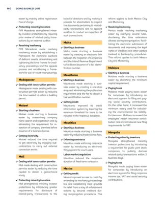 SUMMARIES OF DOING BUSINESS REFORMS IN 2013/14 159 
 Paying taxes 
Kazakhstan made paying taxes 
more complicated for companies by 
introducing a mandatory contribu-tion 
to the National Chamber of 
Entrepreneurs and by increasing the 
vehicle and environmental taxes. 
 Trading across borders 
Kazakhstan made trading across 
borders easier by opening a new 
border station and railway link that 
helped reduce congestion at the 
border with China. 
 Enforcing contracts 
Kazakhstan made enforcing con-tracts 
easier by introducing an elec-tronic 
filing system for court users. 
 Resolving insolvency 
Kazakhstan made resolving insolven-cy 
easier by clarifying and simplifying 
provisions on liquidation and reorga-nization, 
introducing the concept of 
creditors’ meetings, expanding the 
rights of creditors during insolvency 
proceedings, authorizing payment in 
kind to secured creditors and clarify-ing 
the process for submitting credi-tors’ 
claims. 
Kenya 
 Dealing with construction permits 
Kenya made dealing with construc-tion 
permits more costly by increas-ing 
the building permit fees. 
 Getting credit 
Kenya improved its credit informa-tion 
system by passing legislation 
that allows the sharing of both posi-tive 
and negative credit information 
and establishes guidelines for the 
treatment of historical data. 
 Paying taxes 
Kenya made paying taxes more 
costly for companies by increasing 
employers’ social security contribu-tion 
rate. 
Kiribati 
 Paying taxes 
Kiribati made paying taxes more 
complicated for companies by intro-ducing 
VAT. 
Korea, Rep. 
 Registering property 
The Republic of Korea made trans-ferring 
property easier by reducing 
the time needed to buy housing 
bonds and to register the property 
transfer. 
 Protecting minority investors 
Korea strengthened minority inves-tor 
protections by increasing the 
level of transparency expected 
from companies on managerial 
compensation. 
Kosovo 
 Dealing with construction permits 
Kosovo made dealing with construc-tion 
permits easier by establishing a 
new phased inspection scheme and 
substantially reducing the building 
permit fee. 
 Registering property 
Kosovo made transferring property 
more difficult by increasing the fee 
for the registration of property 
transactions. 
 Enforcing contracts 
Kosovo made enforcing contracts 
easier by introducing a private bailiff 
system. 
Kuwait 
 Starting a business 
Kuwait made starting a business 
more difficult by increasing the com-mercial 
license fee. 
Lao PDR 
 Getting credit 
The Lao People’s Democratic Republic 
improved access to credit by 
implementing a modern, unified, 
notice-based collateral registry. 
 Protecting minority investors 
Lao PDR strengthened minority 
investor protections by introducing 
requirements for directors to dis-close 
in detail their conflicts of inter-est 
to the other board members and 
for companies to promptly disclose 
related-party transactions to the 
Securities Commission and to in-clude 
the information in their annual 
reports. 
Latvia 
 Starting a business 
Latvia made starting a business 
more difficult by increasing registra-tion 
fees, bank fees and notary fees. 
 Paying taxes 
Latvia made paying taxes easier for 
companies by simplifying the VAT 
return, enhancing the electronic 
system for filing corporate income 
tax returns and reducing employers’ 
social security contribution rate. 
Lithuania 
 Starting a business 
Lithuania made starting a business 
easier by eliminating the need to 
have a company seal and speeding 
up the VAT registration at the State 
Tax Inspectorate. 
 Dealing with construction permits 
Lithuania made dealing with con-struction 
permits easier by reducing 
the time required for processing 
building permit applications. 
 Enforcing contracts 
Lithuania made enforcing contracts 
easier by introducing an electronic 
filing system for court users. 
Macedonia, FYR 
 Starting a business 
The former Yugoslav Republic of 
Macedonia made starting a business 
 