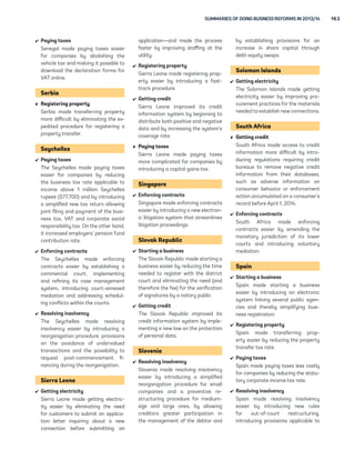 162 DOING BUSINESS 2015 
Portugal 
 Paying taxes 
Portugal made paying taxes less 
costly for companies by reducing the 
corporate income tax rate and intro-ducing 
a reduced corporate tax rate 
for a portion of the taxable profits 
of qualifying small and medium-size 
enterprises. 
 Enforcing contracts 
Portugal made enforcing contracts 
easier by adopting a new code of civil 
procedure designed to reduce case 
backlogs, streamline court proce-dures, 
enhance the role of judges and 
speed up the resolution of standard 
civil and commercial disputes. 
Labor market regulation 
Portugal reduced the amount of sev-erance 
pay per year of service and 
increased the maximum cumulative 
duration of fixed-term contracts. 
Puerto Rico (U.S.) 
 Dealing with construction permits 
Puerto Rico (territory of the United 
States) made dealing with construc-tion 
permits easier by introducing 
the option of hiring authorized pri-vate 
professionals to carry out the 
fire safety recommendations and 
issue the fire safety and environ-mental 
health certificates. 
Romania 
 Paying taxes 
Romania made paying taxes easier 
for companies, with the majority 
now using the electronic system for 
filing and paying taxes. 
Russian Federation 
 Starting a business 
The Russian Federation made start-ing 
a business easier by eliminating 
the requirement to deposit the charter 
capital before company registration 
as well as the requirement to notify 
tax authorities of the opening of a 
bank account. This reform applies to 
both Moscow and St. Petersburg. 
 Registering property 
Russia made transferring property 
easier by eliminating the requirement 
for notarization and introducing 
tighter time limits for completing the 
property registration. This reform 
applies to both Moscow and St. 
Petersburg. 
Rwanda 
 Starting a business 
Rwanda made starting a business 
more difficult by requiring com-panies 
to buy an electronic billing 
machine from a certified supplier, 
but also made it easier by launching 
free mandatory online registration. 
 Dealing with construction permits 
Rwanda made dealing with construc-tion 
permits easier by eliminating 
the fee for obtaining a freehold title 
and by streamlining the process for 
obtaining an occupancy permit. 
 Getting electricity 
In Rwanda the electricity company 
made getting electricity less costly 
by eliminating several fees. 
 Getting credit 
Rwanda improved access to credit 
by establishing clear priority rules 
outside bankruptcy for secured credi-tors 
and establishing clear grounds 
for relief from a stay of enforcement 
actions by secured creditors during 
reorganization procedures. 
Samoa 
 Dealing with construction permits 
Samoa made dealing with construc-tion 
permits more costly by increas-ing 
the building permit fees. 
San Marino 
 Registering property 
San Marino made transferring prop-erty 
easier by lowering the property 
registration tax rate. 
São Tomé and Príncipe 
 Starting a business 
São Tomé and Príncipe made start-ing 
a business easier by eliminating 
the minimum capital requirement 
for business entities with no need to 
obtain a commercial license. 
Senegal 
 Starting a business 
Senegal made starting a business 
easier by reducing the minimum 
capital requirement. 
 Dealing with construction permits 
Senegal made dealing with construc-tion 
permits less time-consuming 
by reducing the time for processing 
building permit applications. 
 Registering property 
Senegal made transferring property 
easier by replacing the requirement 
for authorization from the tax 
authority with a notification require-ment 
and by creating a single step 
for the property transfer at the land 
registry. 
 Getting credit 
Senegal improved its credit informa-tion 
system by introducing regula-tions 
developed by the West African 
Economic and Monetary Union that 
govern the licensing and operation of 
credit bureaus. 
 Protecting minority investors 
Senegal strengthened minority 
investor protections by introducing 
greater requirements for disclosure 
of related-party transactions to the 
board of directors; by making it pos-sible 
for shareholders to inspect the 
documents pertaining to related-party 
transactions and to appoint 
auditors to conduct an inspection of 
such transactions; and by making it 
possible for shareholder plaintiffs to 
request from the other party, and 
from witnesses, documents relevant 
to the subject matter of the claim 
during the trial. 
 