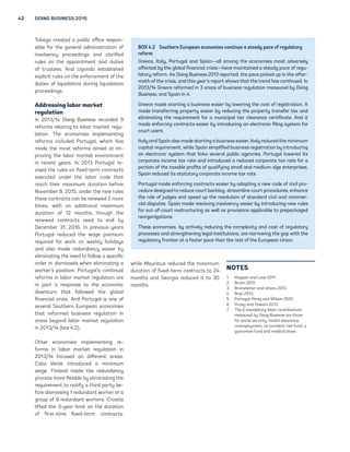 42 DOING BUSINESS 2015 
Tobago created a public office respon-sible 
for the general administration of 
insolvency proceedings and clarified 
rules on the appointment and duties 
of trustees. And Uganda established 
explicit rules on the enforcement of the 
duties of liquidators during liquidation 
proceedings. 
Addressing labor market 
regulation 
In 2013/14 Doing Business recorded 9 
reforms relating to labor market regu-lation. 
The economies implementing 
reforms included Portugal, which has 
made the most reforms aimed at im-proving 
the labor market environment 
in recent years. In 2013 Portugal re-vised 
the rules on fixed-term contracts 
executed under the labor code that 
reach their maximum duration before 
November 8, 2015; under the new rules 
these contracts can be renewed 2 more 
times, with an additional maximum 
duration of 12 months, though the 
renewed contracts need to end by 
December 31, 2016. In previous years 
Portugal reduced the wage premium 
required for work on weekly holidays 
and also made redundancy easier by 
eliminating the need to follow a specific 
order in dismissals when eliminating a 
worker’s position. Portugal’s continual 
reforms in labor market regulation are 
in part a response to the economic 
downturn that followed the global 
financial crisis. And Portugal is one of 
several Southern European economies 
that reformed business regulation in 
areas beyond labor market regulation 
in 2013/14 (box 4.2). 
Other economies implementing re-forms 
in labor market regulation in 
2013/14 focused on different areas. 
Cabo Verde introduced a minimum 
wage. Finland made the redundancy 
process more flexible by eliminating the 
requirement to notify a third party be-fore 
dismissing 1 redundant worker or a 
group of 9 redundant workers. Croatia 
lifted the 3-year limit on the duration 
of first-time fixed-term contracts, 
BOX 4.2 Southern European economies continue a steady pace of regulatory 
reform 
Greece, Italy, Portugal and Spain—all among the economies most adversely 
affected by the global financial crisis—have maintained a steady pace of regu-latory 
reform. As Doing Business 2013 reported, the pace picked up in the after-math 
of the crisis, and this year’s report shows that the trend has continued. In 
2013/14 Greece reformed in 3 areas of business regulation measured by Doing 
Business, and Spain in 4. 
Greece made starting a business easier by lowering the cost of registration. It 
made transferring property easier by reducing the property transfer tax and 
eliminating the requirement for a municipal tax clearance certificate. And it 
made enforcing contracts easier by introducing an electronic filing system for 
court users. 
Italy and Spain also made starting a business easier. Italy reduced the minimum 
capital requirement, while Spain simplified business registration by introducing 
an electronic system that links several public agencies. Portugal lowered its 
corporate income tax rate and introduced a reduced corporate tax rate for a 
portion of the taxable profits of qualifying small and medium-size enterprises. 
Spain reduced its statutory corporate income tax rate. 
Portugal made enforcing contracts easier by adopting a new code of civil pro-cedure 
designed to reduce court backlog, streamline court procedures, enhance 
the role of judges and speed up the resolution of standard civil and commer-cial 
disputes. Spain made resolving insolvency easier by introducing new rules 
for out-of-court restructuring as well as provisions applicable to prepackaged 
reorganizations. 
These economies, by actively reducing the complexity and cost of regulatory 
processes and strengthening legal institutions, are narrowing the gap with the 
regulatory frontier at a faster pace than the rest of the European Union. 
while Mauritius reduced the maximum 
duration of fixed-term contracts to 24 
months and Georgia reduced it to 30 
months. 
NOTES 
1. Klapper and Love 2011. 
2. Bruhn 2011. 
3. Branstetter and others 2013. 
4. Bripi 2013. 
5. Portugal-Perez and Wilson 2012. 
6. Kraay and Tawara 2013. 
7. The 6 mandatory labor contributions 
measured by Doing Business are those 
for social security, health insurance, 
unemployment, an accident risk fund, a 
guarantee fund and medical leave. 
 