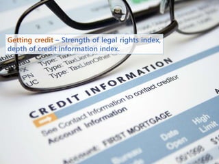 Getting credit – Strength of legal rights index,
depth of credit information index.
 
