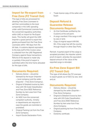 70
DOING BUSINESS IN DUBAI
Import for Re-export from
Free Zone (FZ Transit Out)
This type of bills are processed for
allowing Free Zone Licensees to
sell their commodities to the local
companies in the UAE operating
under valid Commercial Licences from
the concerned regulatory authorities
within UAE on Import for Re-Export
basis. This facility will grant the UAE
Importer a grace period to export the
goods purchased from the Free Zone
Licensees within 180 days from the
bill date. A customs deposit equivalent
to the duty tariff of the invoice value
is collected from the UAE Registered
Company against these transactions.
Refund of the deposit is made fully
or partially if the proof of export is
submitted within the time frame allocated
for this type of bills.
Documents Required:
Delivery Advice – should be•	
stamped by the buyer (Importer
– local company) and the seller
(Exporter – Free Zone Company).
Original & Detailed invoice by item•	
wise with HS Code Classification
and Free Zone BOE Reference
Number by item wise from Free
Zone Company.
An NOC from the concerned•	
competent authority, ministry
or departments are required in
case the goods are restricted or
prohibited.
Original Packing List from the Free•	
Zone Company.
Import Goods Declaration Form.•	
Trade licence copy of the seller and•	
buyer.
Deposit Refund &
Guarantee Release
Documents Required:
An Exit Certificate certified by the•	
Customs at the exit point.
A cargo manifest if the cargo is left•	
by sea or land.
Copy of original export A/W Bill,•	
B/L if the cargo has left the country
through Airport or other Sea Ports.
	
Remark: A partial export of the cargo is
accepted provided, the importer submit
proof of export, whereby the equivalent
deposit amount of the value of the
exported cargo is refunded.
Ex-Free Zone Export Bill
(FZ Transit Out)
This type of bill allows the FZ Licensee
to export goods out of GCC by sea, land
and air.
Documents Required:
Delivery Advice – should be•	
stamped by the seller (Exporter –
Free Zone Company).
Original & Detailed invoice by item•	
wise with HS Code Classification
and Free Zone BOE Reference
Number by item wise from Free
Zone Company.
Original packing list from Free Zone•	
Company
Exit/entry certificate•	
 