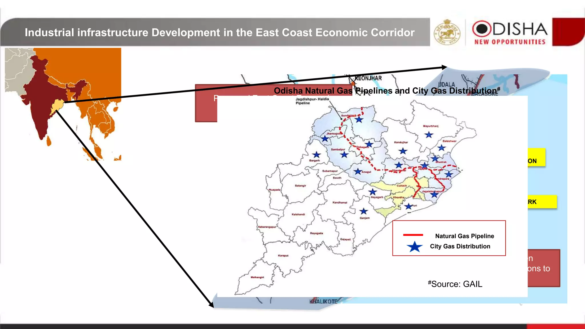 Industrial infrastructure Development in the East Coast Economic Corridor
East Coast
Economic
Corridor4. DERAS SEA FOOD PARK
2. KNIMZ
1. Angul Aluminium
Park, Angul
5. PCPIR
3. INFOVALLEY
6. PLASTICS PARK
7. DHAMRA
INVESTMENT REGION
Proposed Talcher-Kalinganagar-
Paradip Railways
Proposed National Waterway 5
connecting Industrial regions to Ports
at Dhamra and Paradip
National Highway 16, part of the Golden
Quadrilateral, connecting the Industrial regions to
the National Road network
Proposed East Coast Economic
Corridor
Natural Gas Pipeline
City Gas Distribution
Odisha Natural Gas Pipelines and City Gas Distribution#
#Source: GAIL
 