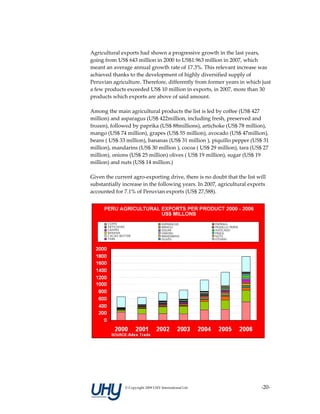 Agricultural exports had shown a progressive growth in the last years, 
going from US$ 643 million in 2000 to US$1.963 million in 2007, which 
meant an average annual growth rate of 17.3%. This relevant increase was 
achieved thanks to the development of highly diversified supply of 
Peruvian agriculture. Therefore, differently from former years in which just 
a few products exceeded US$ 10 million in exports, in 2007, more than 30 
products which exports are above of said amount.  
 
Among the main agricultural products the list is led by coffee (US$ 427 
million) and asparagus (US$ 422million, including fresh, preserved and 
frozen), followed by paprika (US$ 88millions), artichoke (US$ 78 million), 
mango (US$ 74 million), grapes (US$ 55 million), avocado (US$ 47million), 
beans ( US$ 33 million), bananas (US$ 31 million ), piquillo pepper (US$ 31 
million), mandarins (US$ 30 million ), cocoa ( US$ 29 million), tara (US$ 27 
million), onions (US$ 25 million) olives ( US$ 19 million), sugar (US$ 19 
million) and nuts (US$ 14 million.) 
 
Given the current agro‐exporting drive, there is no doubt that the list will 
substantially increase in the following years. In 2007, agricultural exports 
accounted for 7.1% of Peruvian exports (US$ 27,588). 
 




                                                                           




              © Copyright 2009 UHY International Ltd                    ‐20‐
 