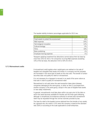18
The taxable liability limitation percentages applicable for 2013 are:
Type of Cost or Expense Tax Credit
Fixed assets to protect the environment 8%
R&D expenses 25%
Technological innovation 12%
Cultural heritage 2%
Films 18%
Book publishing 1%
Employee training expenses 1%
Taxpayers applying investment tax deductions cannot reduce their tax base by
more than 25% for 2013. For companies incurring R&D expenses exceeding
10% of the tax base, the deduction limit is 50% for 2013.
5.7.3 Reinvestment credits
A reinvestment credit applies when capital gains are realised on the sale of
tangible and intangible fixed assets and shares in a company and the proceeds
are reinvested in the same type of assets as the ones sold. The transfer of certain
securities does not qualify for relief on reinvestment.
It is not necessary for a taxpayer to reinvest in an asset of the same nature as
that sold in order to qualify for reinvestment relief.
Reinvestment is not valid when the sale transaction takes place between
companies belonging to the same group, or when an item is purchased from
another company in the same group, except in the case of tangible fixed assets
or new realty investments.
In general, reinvestments must take place within one year prior to the date on
which the asset becomes available for transfer and the three years following,
although in exceptional circumstances authority to reinvest with reinvestment
relief may be requested through the normal channels provided by law.
The base for relief is the taxable income obtained from the transfer of any assets.
As a general rule, the credit is 12% when the company is taxed at the standard
rate (30%) or according to the scale applicable to small enterprises.
 