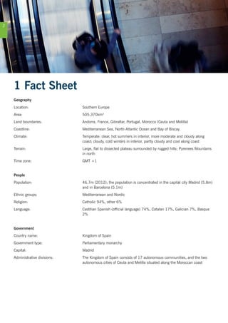2
1 Fact Sheet
Geography
Location:	 Southern Europe
Area:	505,370km²
Land boundaries:	 Andorra, France, Gibraltar, Portugal, Morocco (Ceuta and Melilla)
Coastline:	 Mediterranean Sea, North Atlantic Ocean and Bay of Biscay
Climate:	 Temperate: clear, hot summers in interior, more moderate and cloudy along
coast; cloudy, cold winters in interior, partly cloudy and cool along coast
Terrain:	 Large, flat to dissected plateau surrounded by rugged hills; Pyrenees Mountains
in north
Time zone:	 GMT +1
People
Population:	 46.7m (2012); the population is concentrated in the capital city Madrid (5.8m)
and in Barcelona (5.1m)
Ethnic groups:	 Mediterranean and Nordic
Religion:	 Catholic 94%, other 6%
Language:	 Castilian Spanish (official language) 74%, Catalan 17%, Galician 7%, Basque
2%
Government
Country name:	 Kingdom of Spain
Government type:	 Parliamentary monarchy
Capital:	Madrid
Administrative divisions:	 The Kingdom of Spain consists of 17 autonomous communities, and the two
autonomous cities of Ceuta and Melilla situated along the Moroccan coast
 