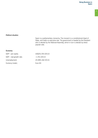 Doing Business in
Spain
3
Political situation
Spain is a parliamentary monarchy. The monarch is a constitutional Head of
State, and holds no executive role. The government is headed by the President
who is elected by the National Assembly, which in turn is elected by direct
popular vote.
Economy
GDP – per capita:	 US$29,195 (2012)
GDP – real growth rate:	 –1.4% (2012)
Unemployment:	 25.98% (Q3 2013)
Currency (code):	 Euro (€)
 