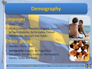 Demography
Languages
• Total: ~ 200
• Most Common: Swedish, English, Finnish,
  all Sami dialects, Torne Valley Finnish
  (Meänkieli), Romani and Yiddis
Ethnic groups
• Swedes, Finns, Sami
• Immigrants: Iraquis, ex Yugoslavia
  nationals, Somalis, Iranians, Norwegians,
  Danes, Turks and Poles

  Geography & History * Demography * Economic Status * Doing Business in Sweden * Business Culture   12
 