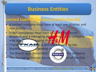 Business Entities
Limited Liability Company (aktiebolag-AB)
• A limited company must have at least one director and
  one deputy
• Public companies must have at least three board
  directors and a managing director. A private company
  may appoint a managing director.
• The board of directors is elected annually by the
  shareholders at the general meeting.
• The board signs documents on behalf of the company.
• The managing director has to be a resident of the EEA.

 Geography & History * Demography * Economic Status * Doing Business in Sweden * Business Culture   27
 