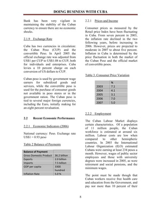 DOING BUSINESS WITH CUBA

Bank has been very vigilant in                  2.2.1 Prices and Income
maintaining the stability of the Cuban
currency to ensure there are no economic        Consumer prices as measured by the
shocks.                                         Retail price Index have been fluctuating
                                                in Cuba. From seven percent in 2003,
2.1.9 Exchange Rate                             the inflation rate declined in the two
                                                following years, before increasing in
Cuba has two currencies in circulation:         2006. However, prices are projected to
the Cuban Peso (CUP) and the                    moderate in 2007 to about five percent.
convertible Peso. In April 2005 the             Inflation in Cuba is determined by the
official exchange rate was adjusted from        price fluctuation in both the market of
US$1 per CUP to US$1.08 to CUP, both            the Cuban Peso and the official market
for individuals and enterprises. Cuba           of convertible pesos.
levies a 10 percent charge on each
conversion of US dollars to CUP.
                                                Table 3. Consumer Price Variation
Cuban peso is used by government wage
earners for subsidized goods and                                   %
services, while the convertible peso is                 2003       7.1
used for the purchase of consumer goods                 2004       4.1
not available in peso stores or in the                  2005       3.1
government ration. The Cuban peso is
                                                        2006       7.0
tied to several major foreign currencies,
including the Euro, initially making for                2007       5.0
an eight percent revaluation.
                                                2.2.2 Employment
2.2     Recent Economic Performance
                                                The Cuban Labour Market displays
                                                certain characteristics. Of a population
2.2.1 Economic Indicators (2006)
                                                of 11 million people, the Cuban
                                                workforce is estimated at around six
National currency: Peso. Exchange rate
                                                million. Labour costs are low when
US$1 = 0.93 peso
                                                compared      to     other   hemispheric
                                                countries. In 2003 the International
Table 2 Balance of Payments
                                                Labour Organization (ILO) estimated
                                                Cubans were earning at least 234 pesos a
Balance of Payment
                                                month. However, wages of public sector
Gross Domestic Product   36.2 billion
                                                employees and those with university
Exports                  2.0 billion
                                                degrees were increased in 2005, as were
Imports                  7.5 billion
                                                retirement and social pensions, and the
GDP per capita           3300
                                                minimum wages.
                         hundred
Inflation Rate           5.0 %                  The point must be made though that
                                                Cuban workers receive free health care
                                                and education from the Government, and
                                                pay nor more than 10 percent of their


                                            8
 