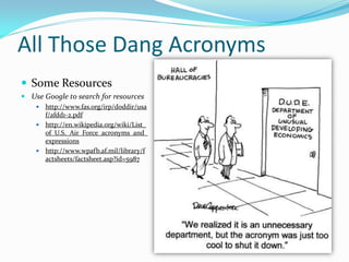 All Those Dang Acronyms
 Some Resources
 Use Google to search for resources
     http://www.fas.org/irp/doddir/usa
      f/afdd1-2.pdf
     http://en.wikipedia.org/wiki/List_
      of_U.S._Air_Force_acronyms_and_
      expressions
     http://www.wpafb.af.mil/library/f
      actsheets/factsheet.asp?id=5987
 