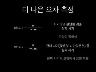 더 나은 오차 측정
정밀도 =
TP
TP + FP
재현율 =
TP
TP + FN
사기라고 판단한 것중
실제 사기
모형의 정확성
전체 사기(맞춘것 + 안맞춘것) 중
실제 사기
진짜 사기가 모형에서 잡힐 확률
 