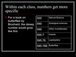Within each class, numbers get more specific <ul><li>For a book on butterflies by Brochard, the dewey number would grow li...