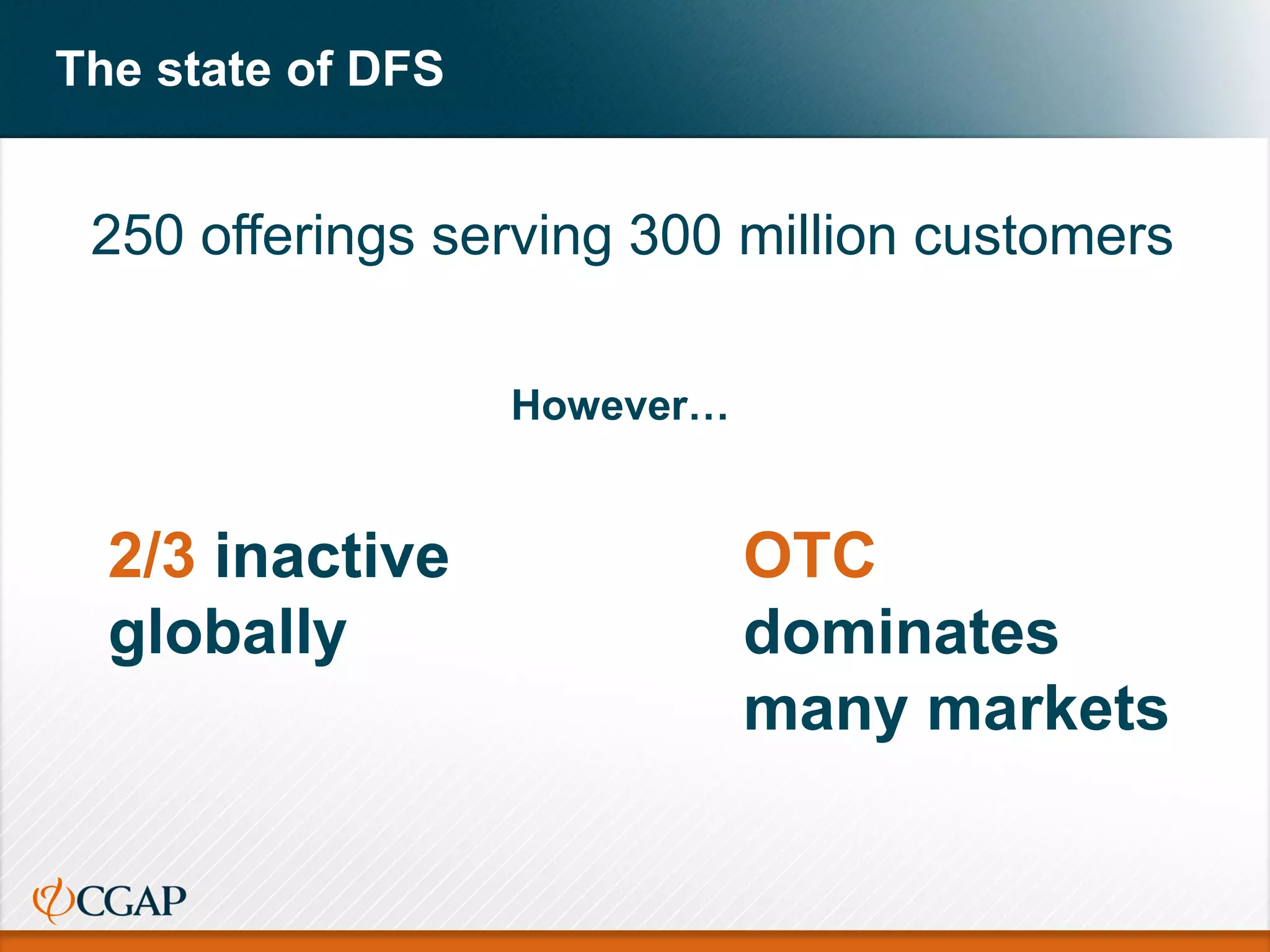 The state of DFS
250 offerings serving 300 million customers
However…
2/3 inactive
globally
OTC
dominates
many markets
 