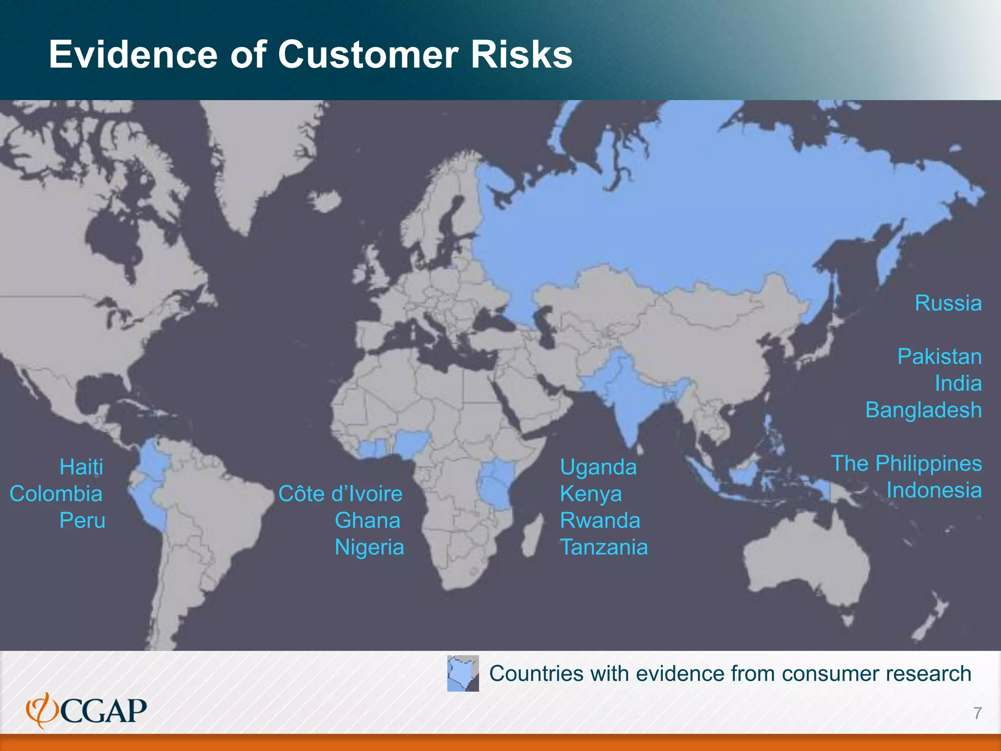 Evidence of Customer Risks
7
Russia
Pakistan
India
Bangladesh
The Philippines
Indonesia
Haiti Uganda
Colombia Côte d’Ivoire Kenya
Peru Ghana Rwanda
Nigeria Tanzania
Countries with evidence from consumer research
 
