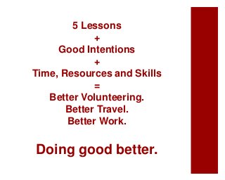 5 Lessons
+
Good Intentions
+
Time, Resources and Skills
=
Better Volunteering.
Better Travel.
Better Work.
Doing good better.
 