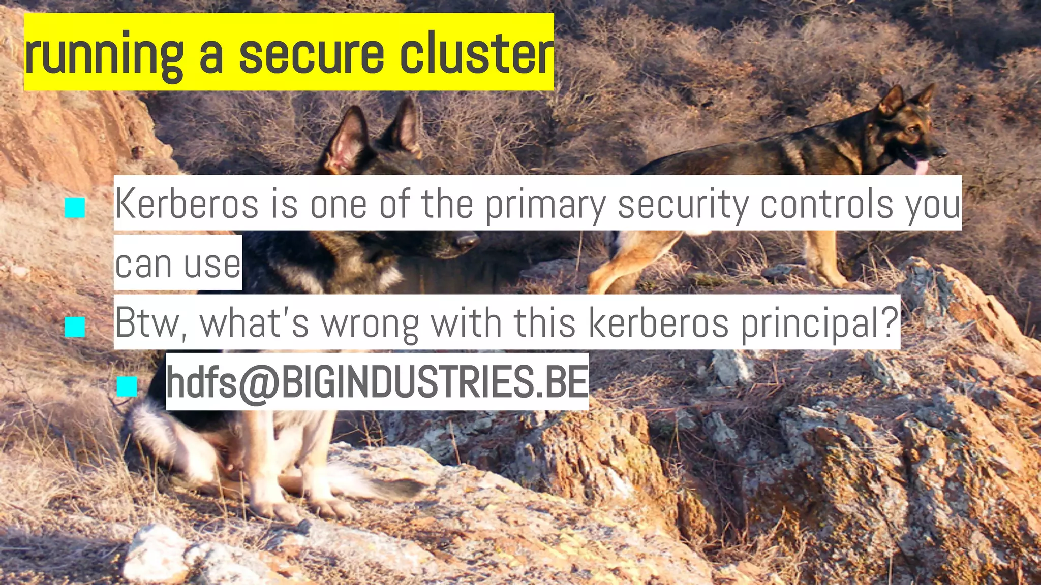 running a secure cluster
■ Kerberos is one of the primary security controls you
can use
■ Btw, what’s wrong with this kerberos principal?
■ hdfs@BIGINDUSTRIES.BE
 