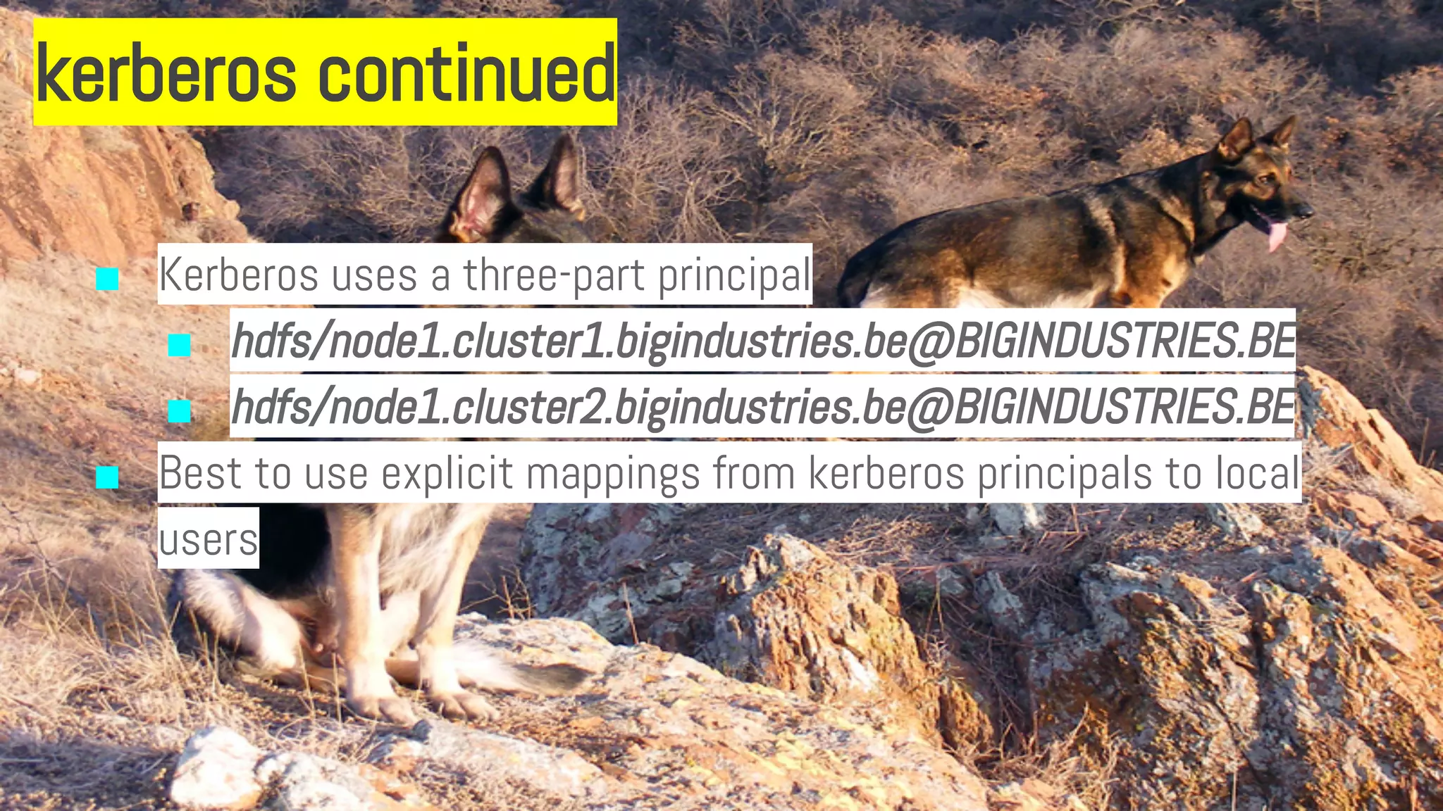 kerberos continued
■ Kerberos uses a three-part principal
■ hdfs/node1.cluster1.bigindustries.be@BIGINDUSTRIES.BE
■ hdfs/node1.cluster2.bigindustries.be@BIGINDUSTRIES.BE
■ Best to use explicit mappings from kerberos principals to local
users
 