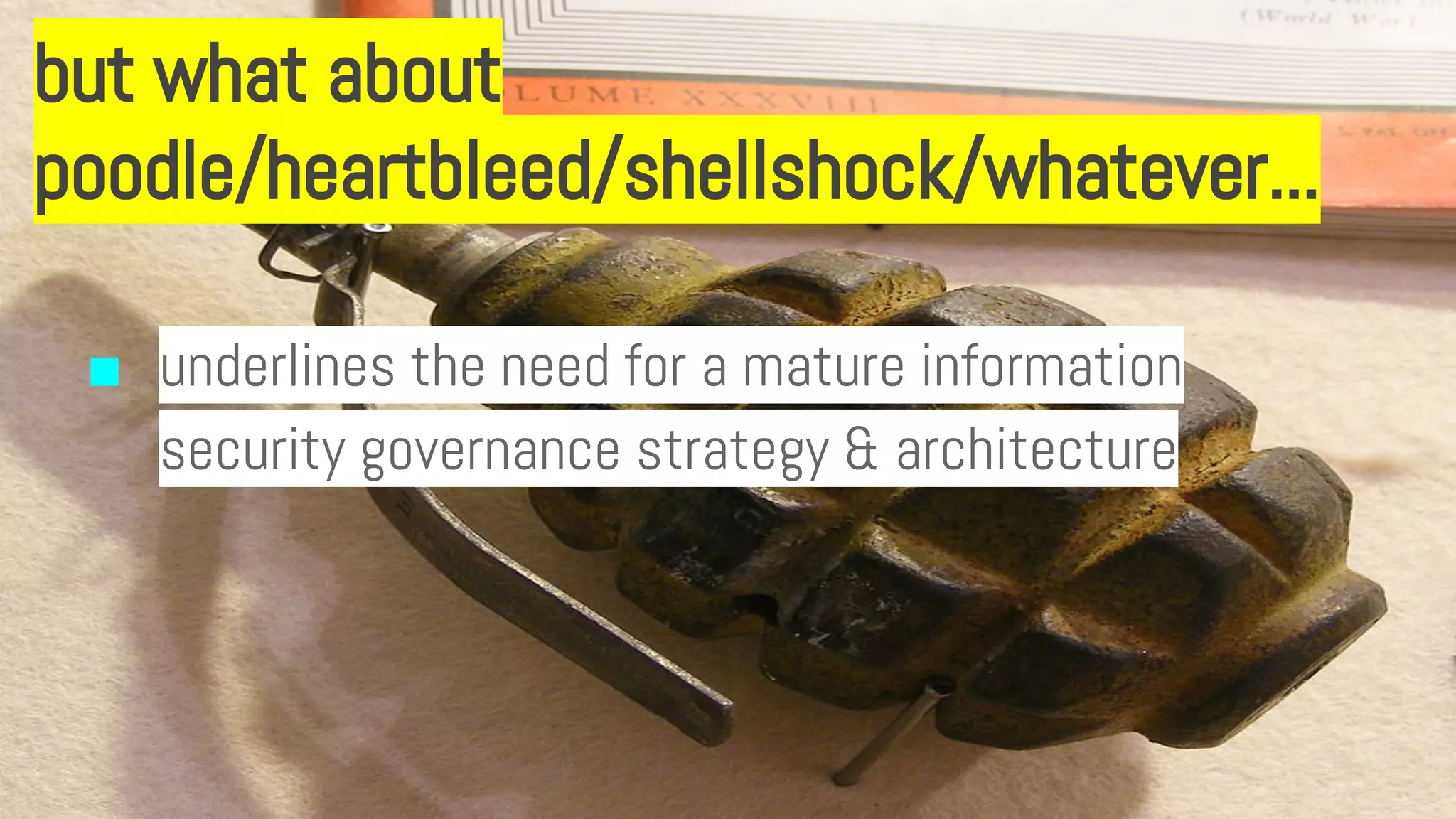 but what about
poodle/heartbleed/shellshock/whatever...
■ underlines the need for a mature information
security governance strategy & architecture
 