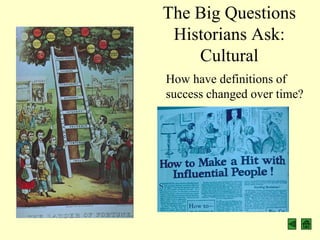 The Big Questions
 Historians Ask:
    Cultural
How have definitions of
success changed over time?
 