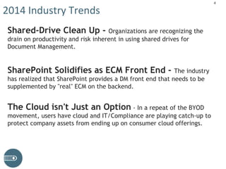 2014 Industry Trends
Shared-Drive Clean Up - Organizations are recognizing the
drain on productivity and risk inherent in using shared drives for
Document Management.
SharePoint Solidifies as ECM Front End - The industry
has realized that SharePoint provides a DM front end that needs to be
supplemented by "real" ECM on the backend.
The Cloud isn't Just an Option - In a repeat of the BYOD
movement, users have cloud and IT/Compliance are playing catch-up to
protect company assets from ending up on consumer cloud offerings.
4
 