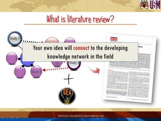 What is literature review?
Study 1
                        ORIGINAL
                  Your own idea will connect to the developing
                         WORK

          ORIGINAL
           WORK
                        knowledge network in the field
                           Study
                              10       Study 2

              Study X




                               Abd Karim Alias@2010 [akarim@usm.my]
 