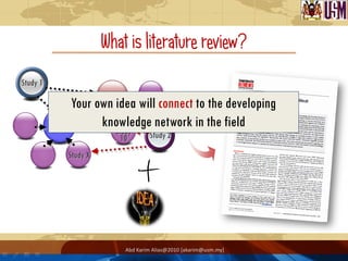 What is literature review?
Study 1
                        ORIGINAL
                  Your own idea will connect to the de...