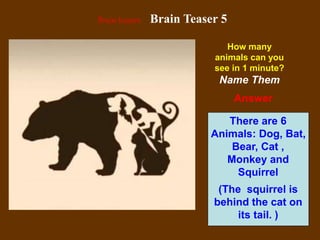 34
Answer
How many
animals can you
see in 1 minute?
Name Them
Brain teasers Brain Teaser 5
There are 6
Animals: Dog, Bat,
Bear, Cat ,
Monkey and
Squirrel
(The squirrel is
behind the cat on
its tail. )
 