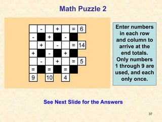 37
Math Puzzle 2
Enter numbers
in each row
and column to
arrive at the
end totals.
Only numbers
1 through 9 are
used, and each
only once.
See Next Slide for the Answers
 