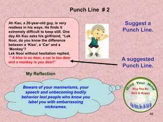 46
My Reflection
Beware of your mannerisms, your
speech and unbecoming bodily
behavior lest people who know you
label you with embarrassing
nicknames.
Punch Line # 2
Suggest a
Punch Line.
A suggested
Punch Line.
Ah Kau, a 20-year-old guy, is very
restless in his ways. He finds it
extremely difficult to keep still. One
day Ah Kau asks his girlfriend, “Lek
Nooi, do you know the difference
between a ‘Kiss’, a ‘Car’ and a
‘Monkey’?
Lek Nooi without hesitation replied,
“ A kiss is so dear, a car is too dear
and a monkey is you dear!”
 
