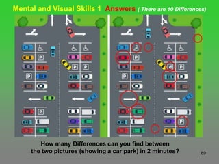 69
Mental and Visual Skills 1 Answers ( There are 10 Differences)
How many Differences can you find between
the two pictures (showing a car park) in 2 minutes?
 