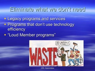 Eliminate what we don’t need Legacy programs and services Programs that don’t use technology efficiency “ Loud Member programs”  JWL Associates 