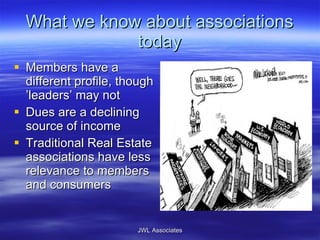 What we know about associations today Members have a different profile, though ’leaders’ may not Dues are a declining source of income Traditional Real Estate associations have less relevance to members and consumers JWL Associates 