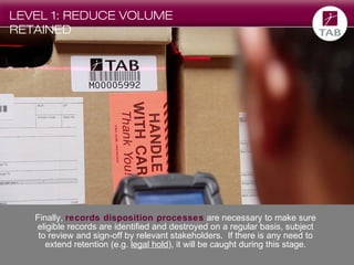 LEVEL 1: REDUCE VOLUME
RETAINED

Finally, records disposition processes are necessary to make sure
eligible records are identified and destroyed on a regular basis, subject
to review and sign-off by relevant stakeholders. If there is any need to
extend retention (e.g. legal hold), it will be caught during this stage.

 