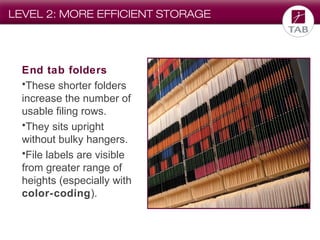 LEVEL 2: MORE EFFICIENT STORAGE

End tab folders
•These shorter folders
increase the number of
usable filing rows.
•They sits upright
without bulky hangers.
•File labels are visible
from greater range of
heights (especially with
color-coding).

 